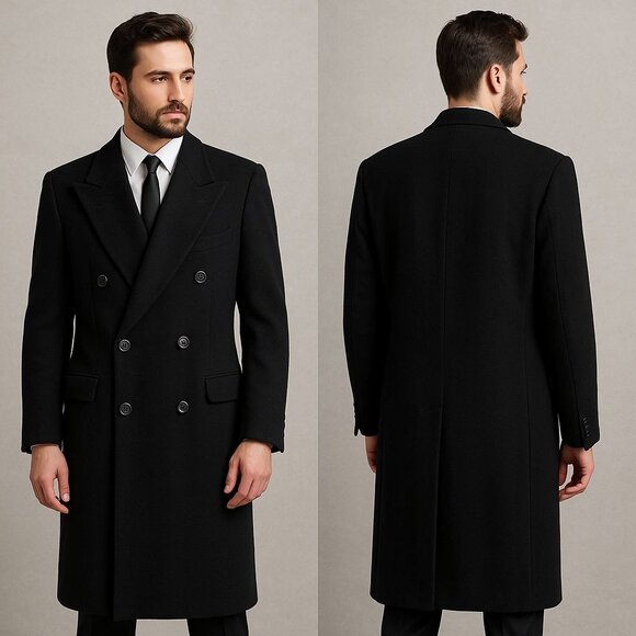 Giorgio Armani Le Collezioni Men Wool Double Breasted Trench Overcoat Black 44R - Picture 1 of 16